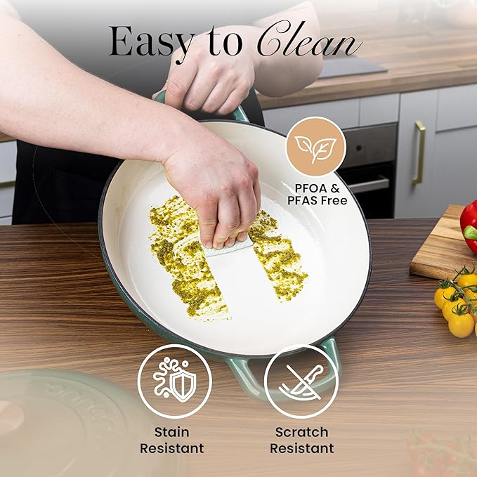Shallow Cast Iron Casserole with Lid – Non Stick Dutch Oven Pot, Oven Safe up to 500° F – Sturdy Ovenproof Stockpot Cookware – Enamelled Cooking Pot – Dark Green, 3L, 30cm – by Nuovva