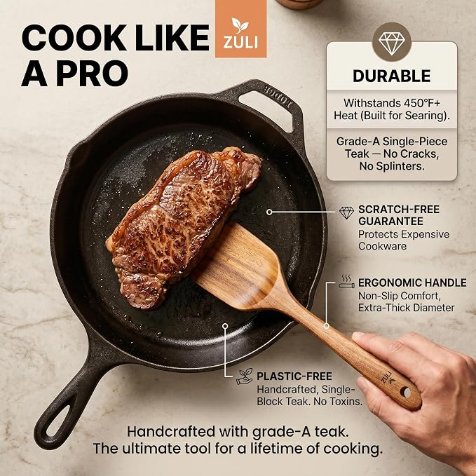 6-Piece Teak Wooden Cooking Utensil Set – Wooden Spoons & Spatulas for Nonstick Cookware, Non-Toxic Eco-Friendly Kitchen Tools– Ideal Father Day Gift for Dad!