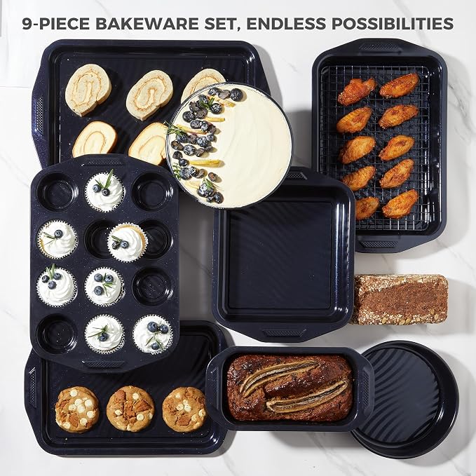 HONGBAKE 9-Piece Nonstick Bakeware Set, Wave Texture for Easy Release, 0.8mm Thick Non-Toxic Baking Pans Set, Includes Stackable Cookie Sheets, Shimmer Blue