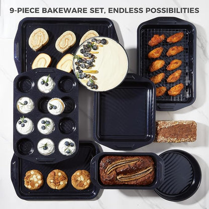 HONGBAKE 9-Piece Nonstick Bakeware Set, Wave Texture for Easy Release, 0.8mm Thick Non-Toxic Baking Pans Set, Includes Stackable Cookie Sheets, Shimmer Blue