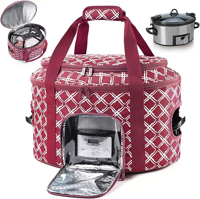 BAGSPRITE Double-layer Slow Cooker Carrying Case for Crock Pot 6-8 Quart, Insulated Crockpot Carrier with Adjustable Lid Straps,Portable Slow Cooker Travel Bag for Potluck, Parties, Family Gatherings