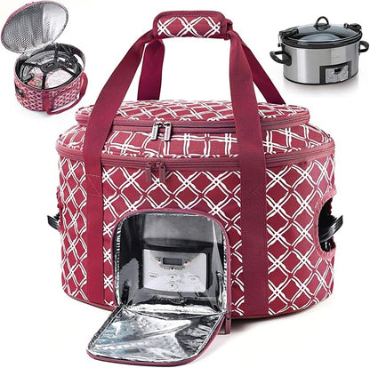 BAGSPRITE Double-layer Slow Cooker Carrying Case for Crock Pot 6-8 Quart, Insulated Crockpot Carrier with Adjustable Lid Straps,Portable Slow Cooker Travel Bag for Potluck, Parties, Family Gatherings