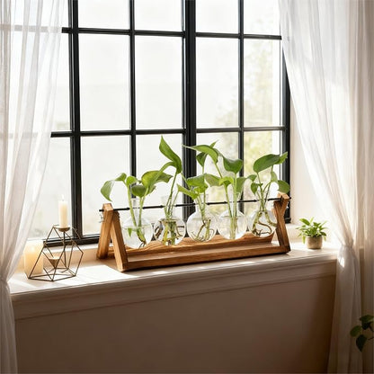 Renmxj Plant Propagation Stations with Wooden Stand & 5 Glass Bulb Vases | Plant Terrarium for Indoor Plants, Home Office Desk Decor, Gardening Gifts for Women Mom, Birthday Gifts for Plants Lovers