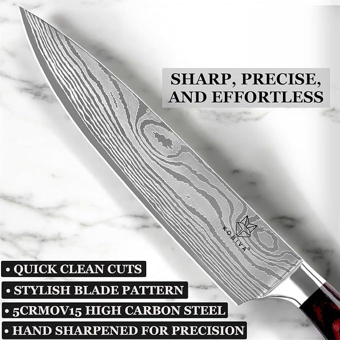 Japanese Chef Knife 8 Inch | High Carbon Stainless Steel Kitchen Knife | Ultra Sharp Damascus-Pattern Blade | Ergonomic Handle | Professional Cooking Knife for Meat, Fish & Vegetables | Gift