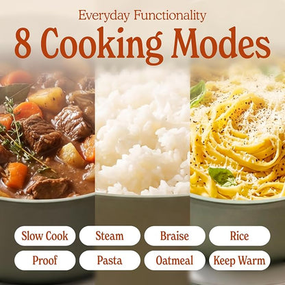 MAGNIFIQUE Slow Cooker, 4.5 Quart 8-in-1 Clay Pot Multi-Cooker, Non-Toxic Slow Cooker with Removable Clay Pot, for Rice, Pasta, Steam & Proof, Nonstick, Oven Safe Pot to 500°F, Olive