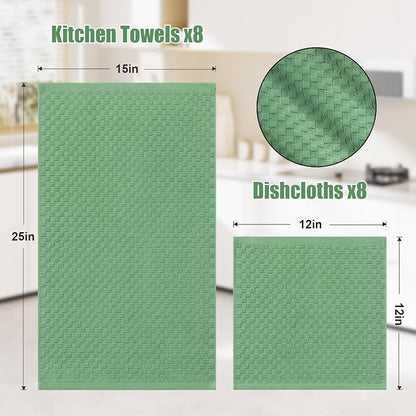 Homaxy 100% Cotton Kitchen Towels and Dishcloths Set, 12 x 12 & 15 x 25 Inches, Set of 16 Bulk Terry Cloth Dish Towels, Super Soft and Absorbent Hand Towel with Hanging Loop, Grass Green