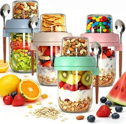 Overnight Oats Containers with Lids and Spoons | 20oz (16+4) 4PCS Dual-Laryer Chia Pudding Jars with Dry and Wet Separation for Snack,Yogurt,Parfait,Salad Dishwasher Safe