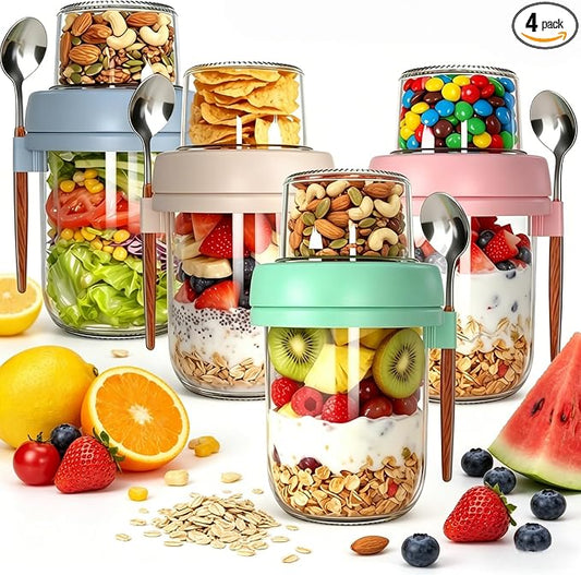 Overnight Oats Containers with Lids and Spoons | 20oz (16+4) 4PCS Dual-Laryer Chia Pudding Jars with Dry and Wet Separation for Snack,Yogurt,Parfait,Salad Dishwasher Safe