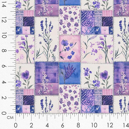 Lavender Patchwork Cotton Fabric Panel – 6 Designs (10×10 inch Each) + Bonus Sheet 29.5×19.6 inch, 100% Cotton 140 GSM, Made in Türkiye