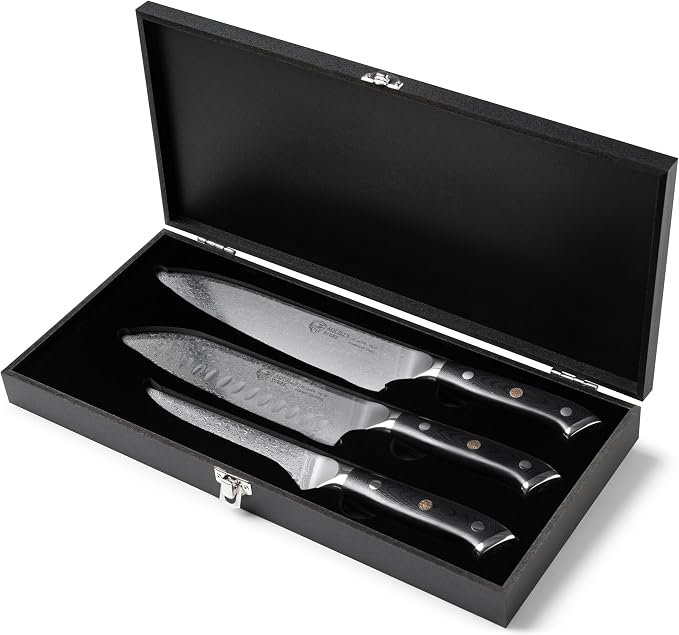 Set of 3 Premium Japanese Damascus Chef Knives – VG10 Steel Core, 67-Layer Razor-Sharp Blades, Full Tang Design with Ergonomic Handles, Presented in a Luxury Natural Wood Gift Box