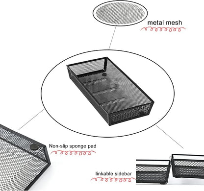 Mesh Tray Silverware Drawer Organizer, Utensil Cutlery Tray Office Supplies with Interlocking Arm Drawer Dividers Organizer for Flatware, Knives,Home,Office, School,Bedroom 12X6'' Black