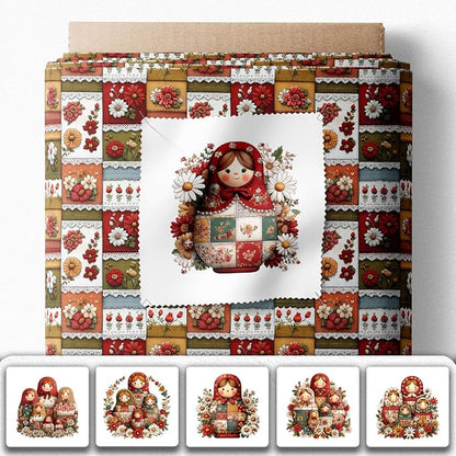 Matryoshka Patchwork Quilting Fabric Panel – 6× (10×10 inch) Blocks + Bonus Patchwork Sheet 29.5×19.6 inch, 100% Cotton 140 GSM, Floral Russian Doll Theme