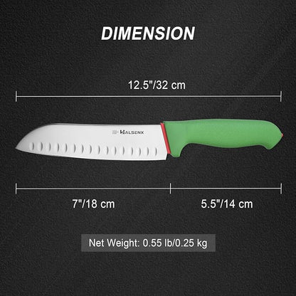 Santoku Knife 7 Inch – High Carbon Stainless Steel with Fluted Edge & Non-Slip Softgrip Handle, Multi-Purpose Kitchen Knife for Vegetable Chopping, Precise Dicing, Meat Slicing (Green)