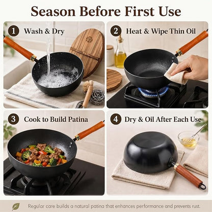WANGYUANJI 8.7 Inch Carbon Steel Mini Wok with Wooden Lid & Detachable Handle, 2.2 Qt Small Wok Pan for 1–2 People, Flat Bottom Uncoated Stir Fry Pan for Ramen, Deep Frying, Gas & Induction