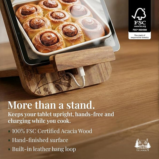 Wooden Cookbook Stand for Kitchen Counter - Reversible Recipe Book Holder with Cooking Measurement Conversion Card - Gift-Ready Adjustable Tablet Cookbook Holder Stand - 13.7"x8.2"