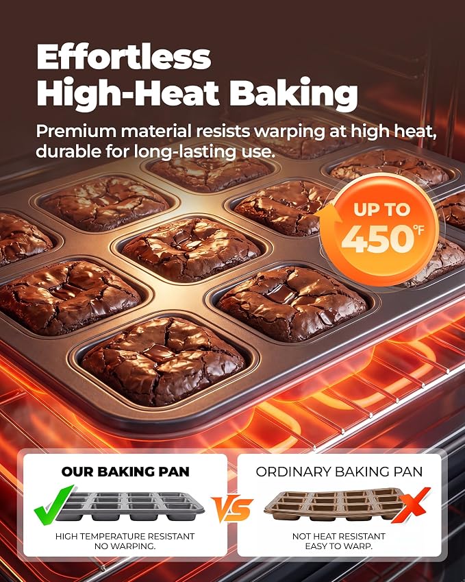 Bake Choice Square Brownie Pan with Dividers, Non Stick Carbon Steel Baking Tray, All Edges Brownie Bite Pan, 1 Pack 12 Cavity, for Individual Brownies, Cupcakes, Muffins, Cookies, Bread