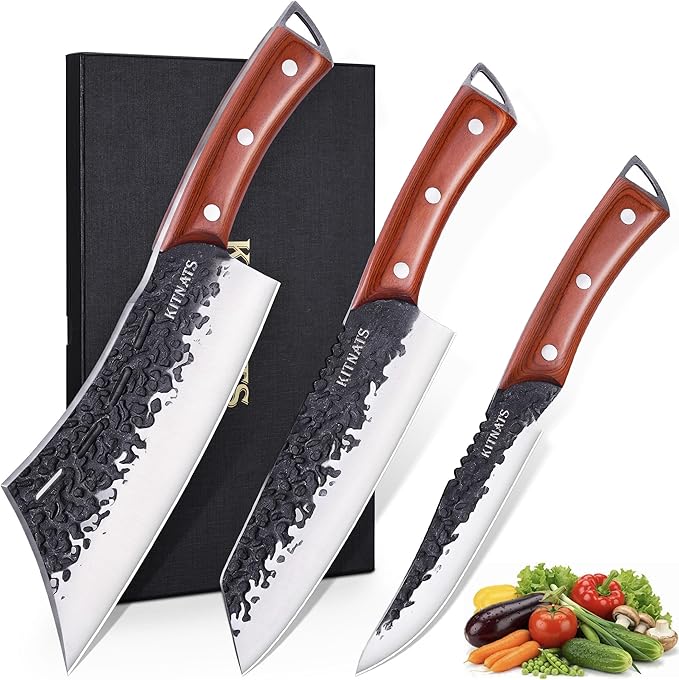 KITNATS Hand Forged Butcher Knife Set, 3PCS BBQ Knife Set with Meat Cleaver, Chef Knife & Boning Knife, High Carbon Steel Cleaver Knife Set for Meat Cutting, Camping, Outdoor Cooking, Gift for Men