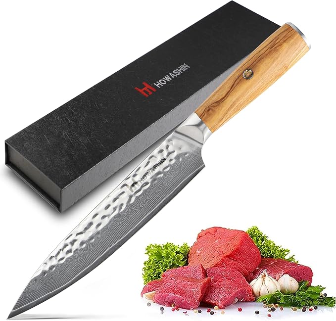 Chef Knife, 8 Inch Japanese Chefs Knife Professional Razor Sharp, VG-10 Damascus Stainless Steel Kitchen Knife with White Olive Wood Handle, Gift Box for Family & Restaurant