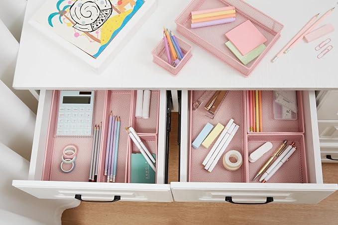 Annova Mesh Stackable Drawer Cabinet and Shelf Organizer Bins Storage Basket School Office Supply Holder Tray- Set of 2 (Light Pink, 3x9x2 Inch)