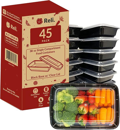 Reli. Meal Prep Containers, 38 oz. | 45 Pack | Large 1 Compartment Food Container w/Clear Lids | Microwavable Food Storage | Black Reusable Bento Box/Lunch Box for Food/Meal Prep