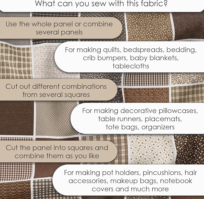 Cotton Satin Patchwork Fabric Panel – 35 Designs, 20×20 cm Squares, Single Piece 150×110 cm, Brown Patchwork Quilt Fabric (Autumn Brown Patchwork Set, 35pcs 8x8 inch)