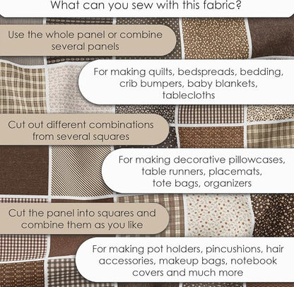 Cotton Satin Patchwork Fabric Panel – 35 Designs, 20×20 cm Squares, Single Piece 150×110 cm, Brown Patchwork Quilt Fabric (Autumn Brown Patchwork Set, 35pcs 8x8 inch)