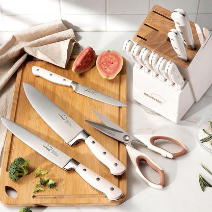 Knife Set, Kitchen Knives Set with Block and Sharpener 14 Pcs Full Tang Knives German Stainless Steel Dishwasher Safe Kitchen Utensils Set with Ergonomic Handle Gifts for Women