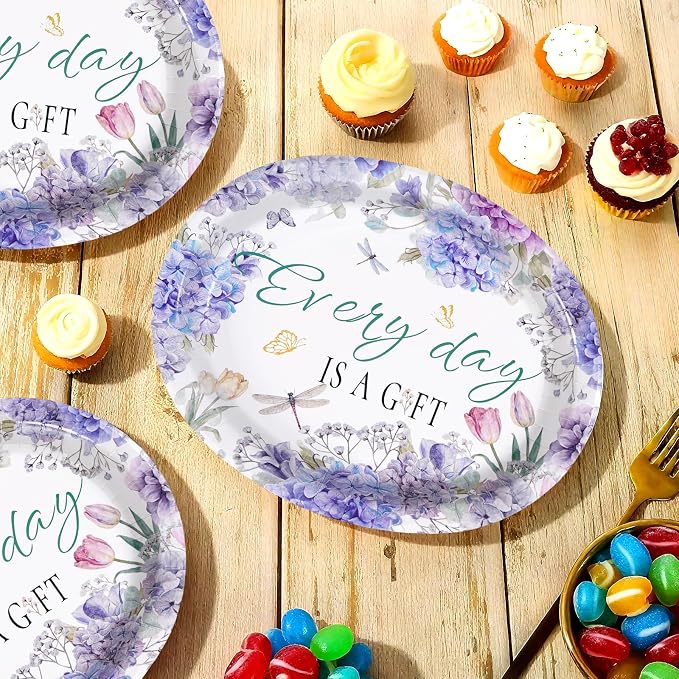 50Pcs Hydrangea Oval Paper Plates 10" x 12" Large Disposable Heavy Duty Purple Floral Dragonfly Paper Platters Every Day Is A Gift Dessert Plates for Wedding Bridal Shower Dinner Party Supplies