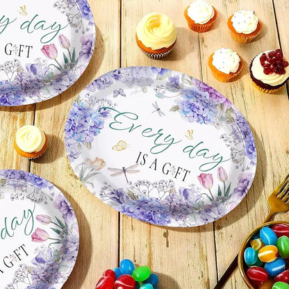 50Pcs Hydrangea Oval Paper Plates 10" x 12" Large Disposable Heavy Duty Purple Floral Dragonfly Paper Platters Every Day Is A Gift Dessert Plates for Wedding Bridal Shower Dinner Party Supplies