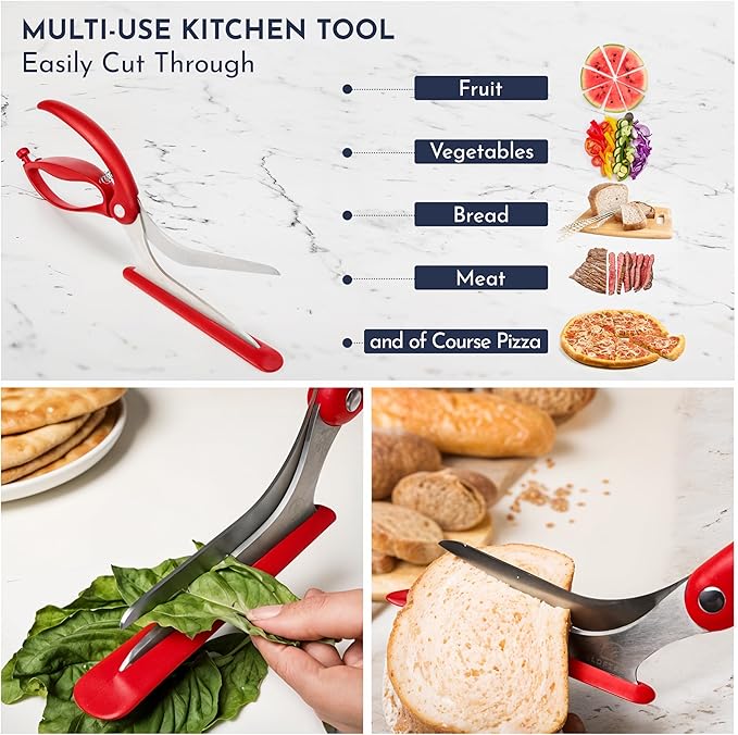 Red Pizza Scissors - Non-Stick Pizza Scissors with Firm Grip Base - Food Grade Stainless Steel Pizza Cutter - 5-in-1 Food Slicer & Pizza Server - Durable, Safe & Mess Free