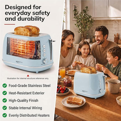 Retro 2 Slice Stainless Steel Toaster with 6 Bread Shade Settings, Bagel, Cancel, Defrost Function, Extra Wide Slot, Removable Crumb Tray, Blue