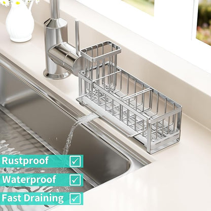 HapiRm Sponge Holder for Kitchen Sink - Self-draining Sink Caddy with Brush and Dishcloth Holder, Stainless Steel Sponge Caddy for Countertop - Silver(Large)