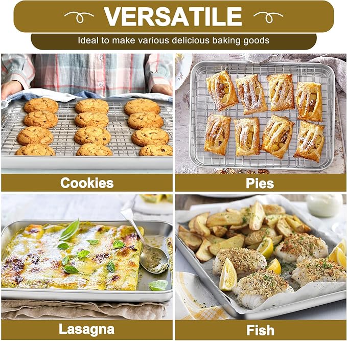 TeamFar Stainless Steel Baking Sheet with Rack Set, 16/12.5/9 Inch Cookie Sheets Baking Pans and Cooling Racks for Cooking Serving, Non-Toxic & Heavy Duty, Dishwasher Safe, 6 PCS (3 Pans + 3 Racks)