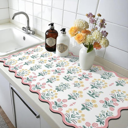 LOKHOM Scalloped Floral Dish Drying Mat, 17"x32" Super Absorbent Coffee Mat with Unique Pink Pastoral Floral, Cuttable Hide Stain Non-slip Drying Mat for Kitchen Counter Coffee Maker Espresso Machine