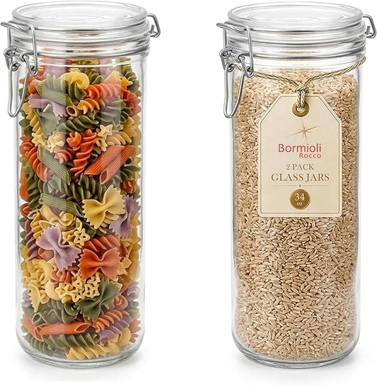 Bormioli Rocco Fido Cylinder 33.75 oz Airtight Glass Canister (Set of 2) - BPA Free Ingredient Storage Jar - Ideal for Fermentation, Pantry Organization, Canning, Kitchen Essentials - Dishwasher Safe
