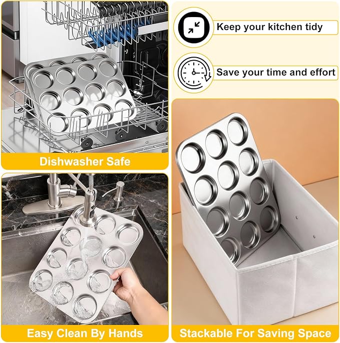 P&P CHEF 12-Cup Muffin Top Pan (2 Piece), Stainless Steel Muffin Pan Cupcake Tin with Shallow Side for Whoopie Pie & Yorkshire Pudding, Easy Clean & Oven Safe, Silver