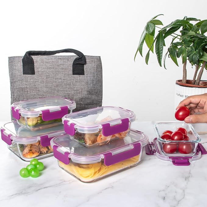C CREST 10 Pack Meal Prep Glass Containers with Locking Lids - 5x 32oz + 5x 12oz - Ideal for Food Storage