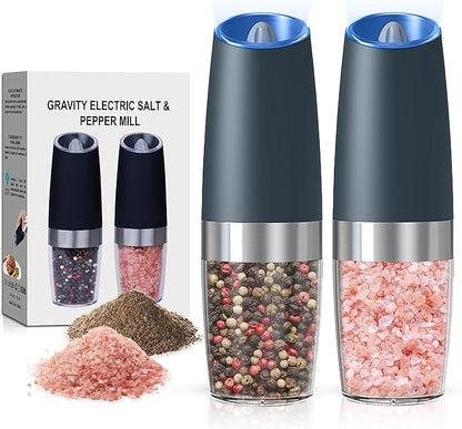Battery Operated Salt And Pepper Grinder Set with LED Light, Automatic Electric Gravity Salt And Pepper Shakers Set, Each 6 AAA Batteries Needed, Adjustable Roughness, 2 Pack (Grey)