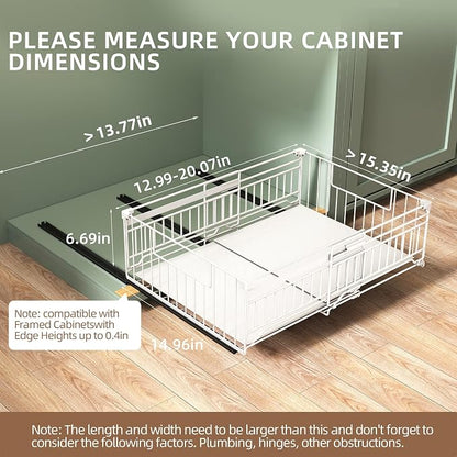 NETEL 2 Pack Expandable Pull Out Cabinet Organizer, Raised 6.69" guardrail, Adjustable Width 13"-20.07", 3 Rails No Drill Adhesive Peel And Stick, Adhesive Pull Out Drawers for Cabinets, White