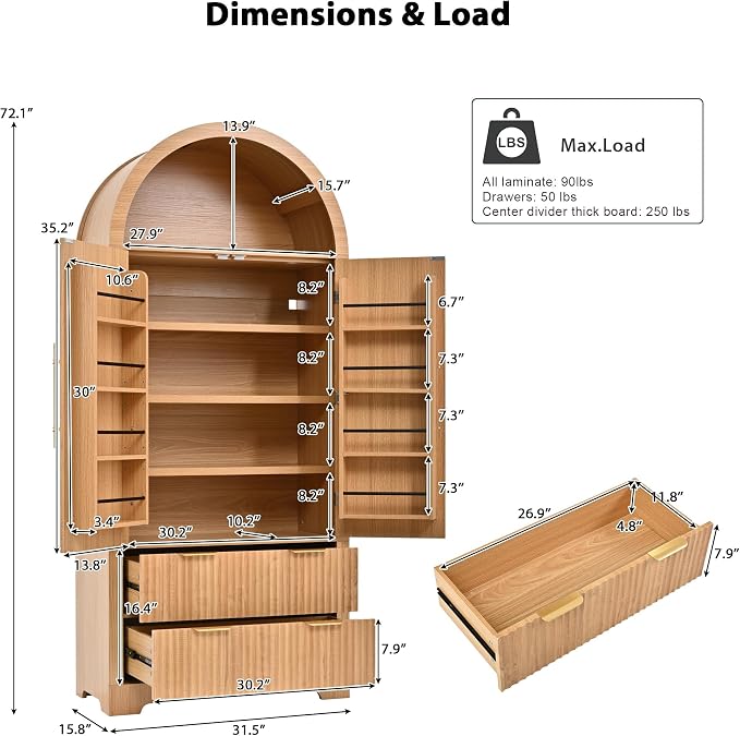 72" Tall Arched Kitchen Pantry Cabinet with 2 Drawers, Mid Century Modern Fluted Storage Cabinet with 8 Adjustable Door Shelves, Wooden Cupboard Organizer for Kitchens, Living Room (Natural-6.3)