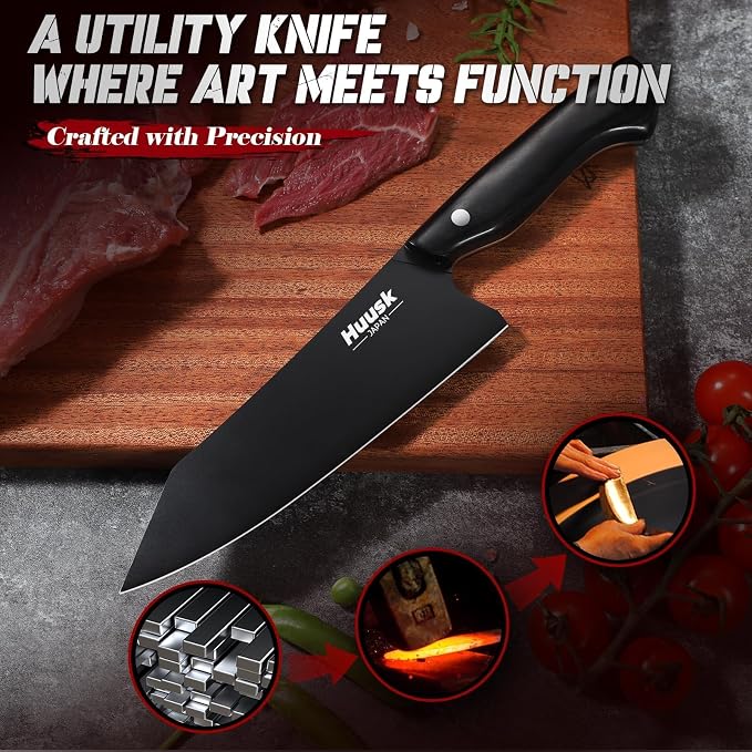 Huusk Japanese Chef Knife for Kitchen - 7" Kirisuke Knife with Black Titanium Coating, Stainless Kitchen Cooking Knifes for Vegetable & Meat Cutting, Ultra Sharp Sushi Knives, Men's Gifts