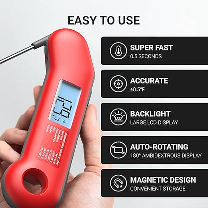 Professional Meat Thermometer Digital, Ultra-Fast 0.5 Sec Instant Read, NIST Certified ±0.5°F Accuracy, IP67 Waterproof, Auto-Rotating Backlit Display, for Fathers Day, Gifts for Him Dad Men
