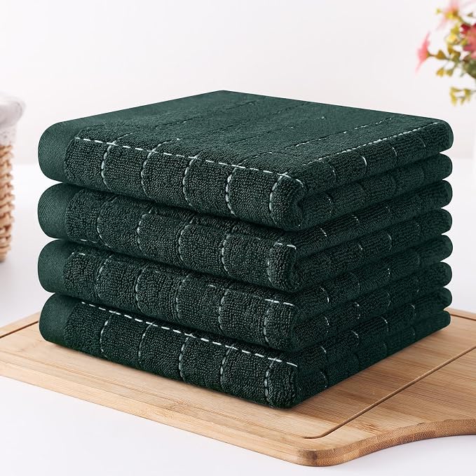 Homaxy 100% Cotton Terry Kitchen Towels(Blackish Green, 13 x 28 inches), Checkered Designed, Soft and Super Absorbent Dish Towels, 6 Pack