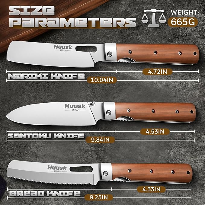 Huusk Folding Chef Knife Set - Including Nakiri, Santoku, Bread and Fruit Knives - EDC Kitchen Knife Set with 440C Stainless Steel Ultra Sharp Blade - Japanese Pocket Knives - Gifts for Men and Women