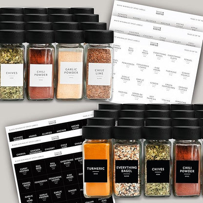 SAVVY & SORTED Glass Spice Jars with Label 24 PK - 4 Oz Spice Containers with 374 Minimalist Preprinted Labels Stickers, Pepper Grinder Funnel Shaker Lids, Empty Seasoning Containers Bottles