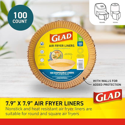 Glad Air Fryer Parchment Liners with Raised Walls, Nonstick, Heat Resistant to 446 Degrees F, Food-Grade, Round Shape for Round Air Fryer Baskets, 7.9" Diameter, 100 Count
