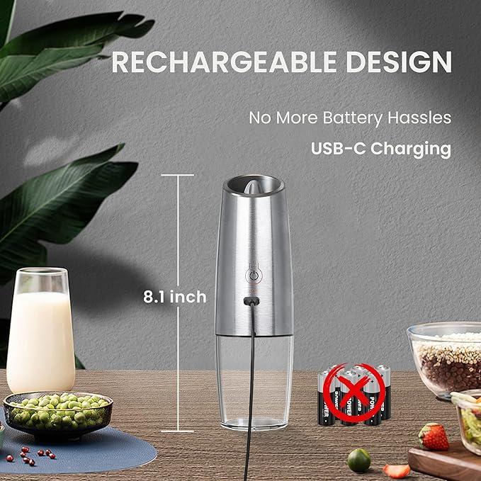 Rechargeable Salt And Pepper Grinder Set with LED Light, Automatic Electric Gravity Salt And Pepper Shakers Set, No Battery Needed, Adjustable Roughness, 2 Pack (Silver)