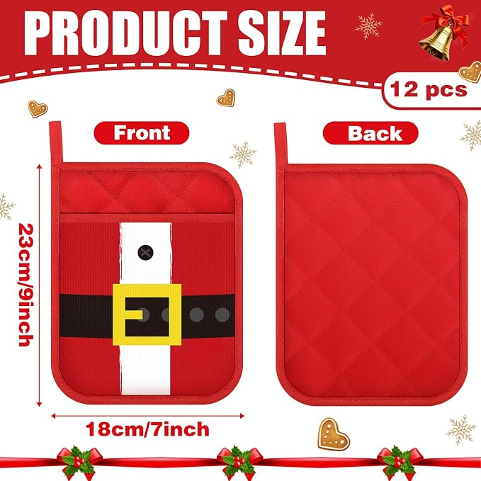 Roshtia 12 Pcs Christmas Pot Holders with Pocket Xmas Santa Pot Holders for Kitchen Winter Hot Pads Oven Mitts Cookie Bag Cute Heat Resistant Oven Gloves for Kitchen Gift Baking Cooking
