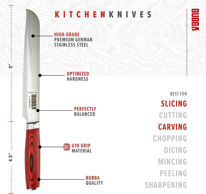 BUBBA Kitchen Series 8" Serrated Knife for easily slicing through bread crusts, meats, tomatoes and more with a premium German Steel Blade.