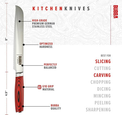 BUBBA Kitchen Series 8" Serrated Knife for easily slicing through bread crusts, meats, tomatoes and more with a premium German Steel Blade.